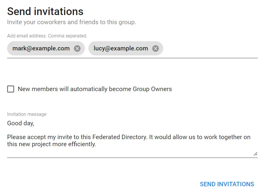 Federated Directory invitation-based sharing interface for cross-company contact federation